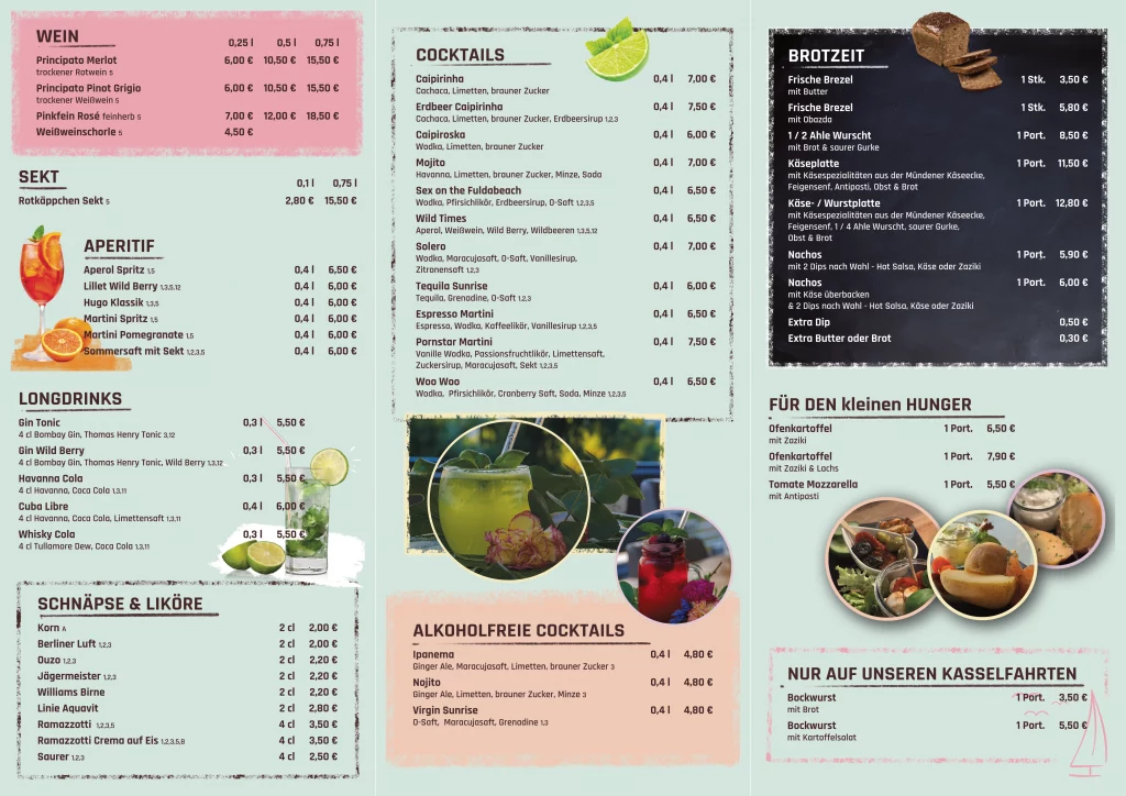 Speisekarte und Getränkekarte MS Weserstein 2026 Rückseite