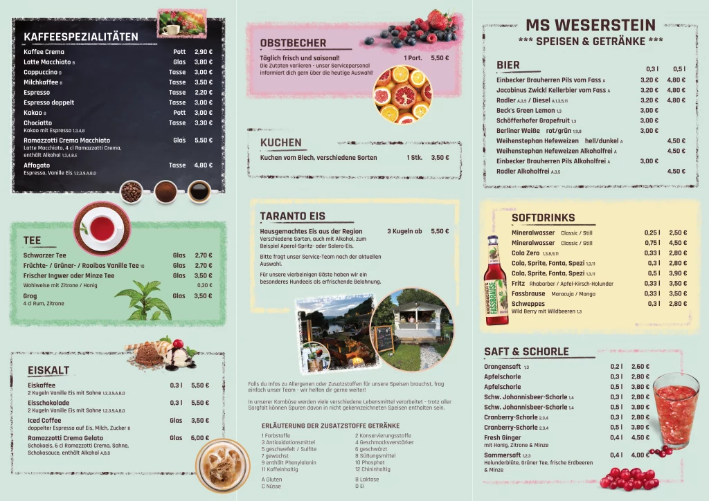 Speisekarte und Getränkekarte MS Weserstein 2026 Vorderseite